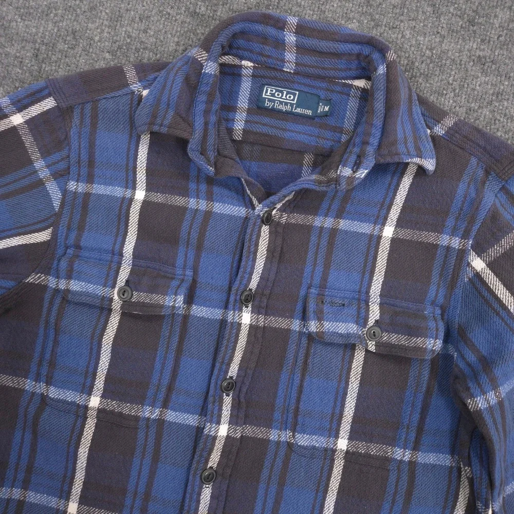 Vintage Polo Ralph Lauren Flannel Work Shirt Mens M Blue Plaid Pencil Pocket 90s